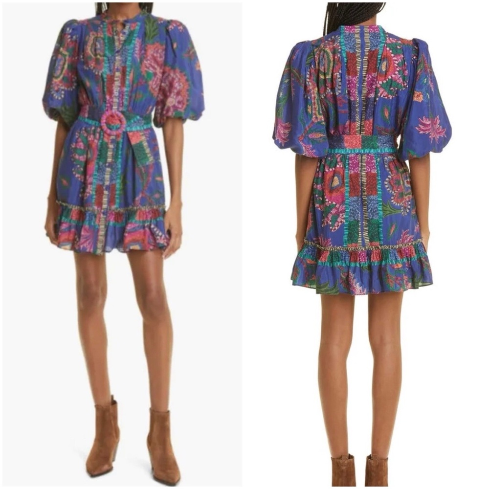 FARM RIO Size L Sunset Tapestry Belted Mini Dress Blue Puff Sleeve NWT $225